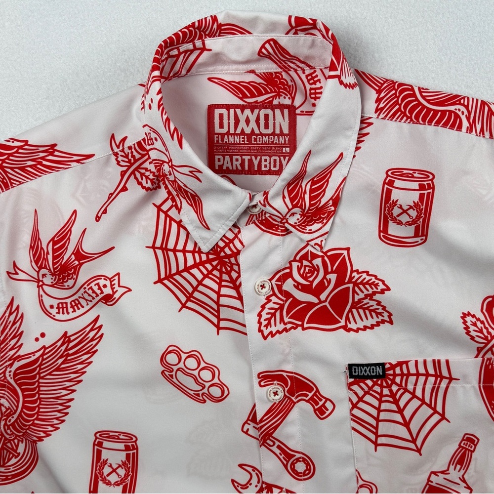 Dixxon Men's PartyBoy Short Sleeve‎ Button Down Shirt Red White Large - Picture 7 of 10